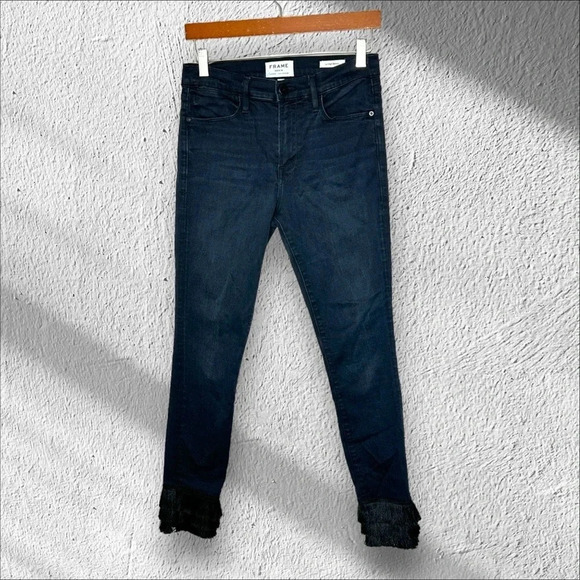 FRAME Lehigh Skinny Byxbee Stretch Jeans size 28 Fringed hems Dark Wash Clqssic - Picture 1 of 12